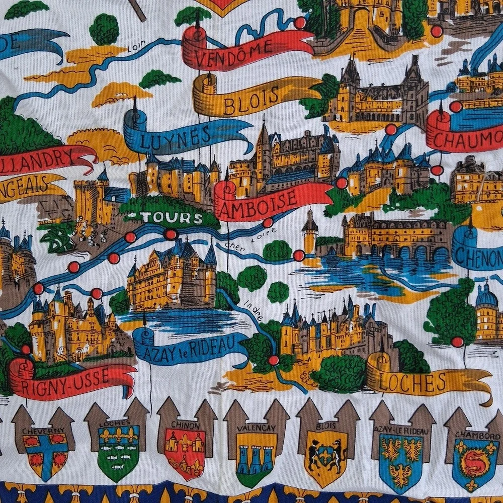 Vintage France Chateaux de la Loire in Touraine Cotton Tea Towel Tour Map